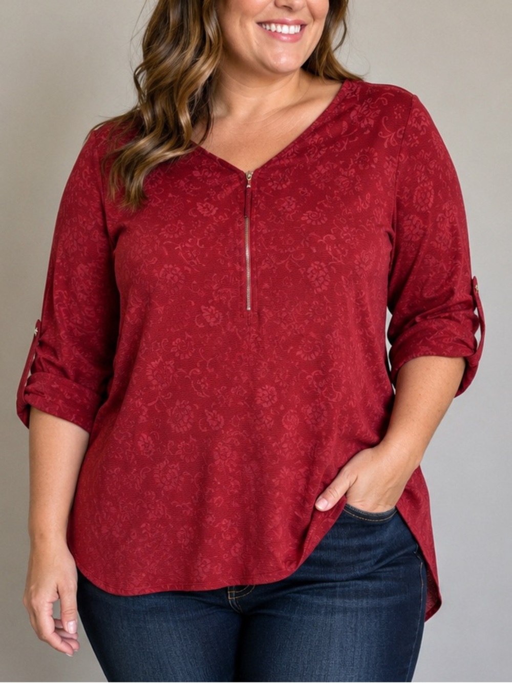 Cathy Woman Red Floral Textured Zip Front Tunic Top 1X 3/4 Sleeve Roll Tab